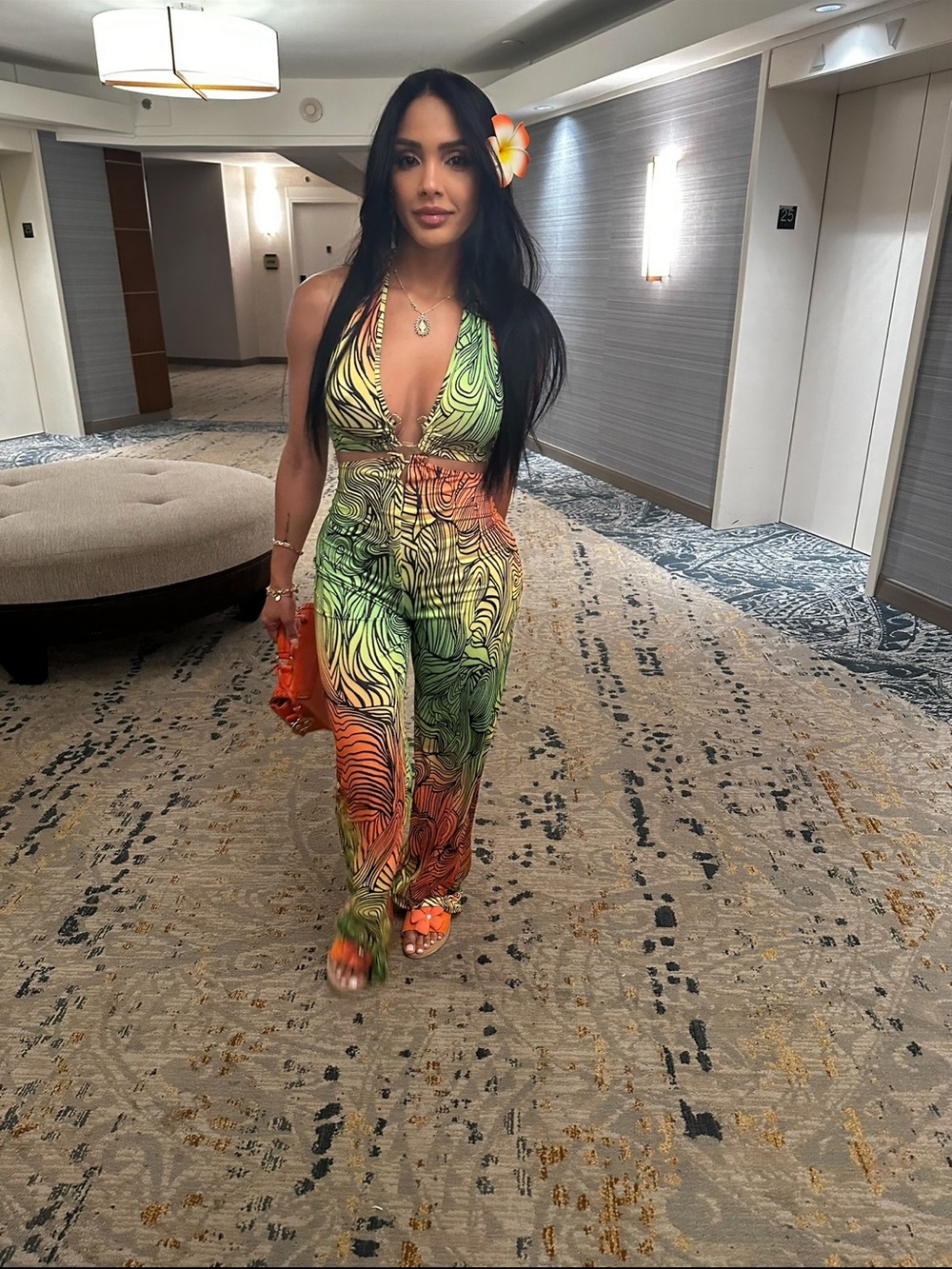 Tropical Halter Multicolor Plunge Jumpsuit